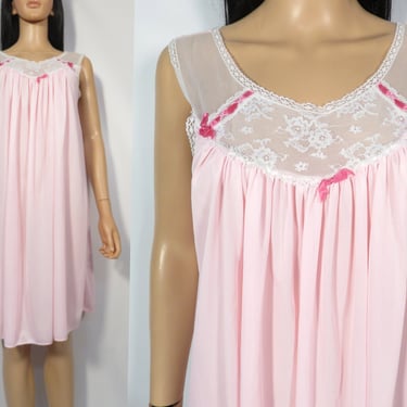 Vintage 70s Pastel Pink Nightgown With Sheer Lace Collar And Ribbon Detail Size L 