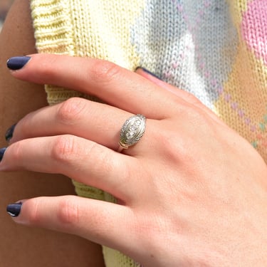 Art Deco 14K White Gold 3-Diamond Engagement Ring, Floral Repousse Design, Size 9 1/4 US 