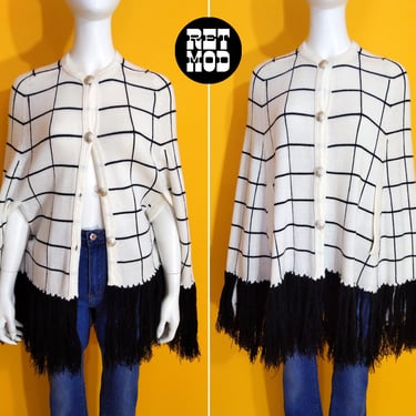 Fun Vintage 60s 70s White & Black Grid Patterned Knit Poncho with Fringe 