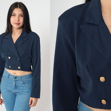 90s Navy Blue Cropped Blazer Jacket Double-Breasted Blazer Vintage Gold Button Detail Military Inspired Long Sleeve Top Rampage Small 6 