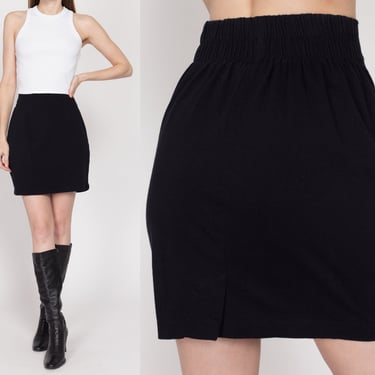 Sm-Med 90s Black Stretchy Fitted Mini Skirt | Vintage Minimalist Elastic High Waisted Plain Pencil Miniskirt 