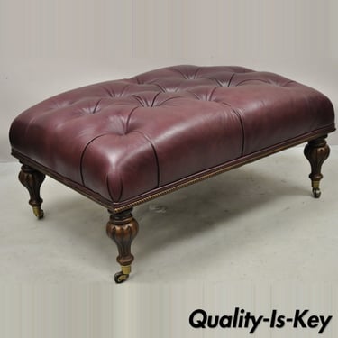 Burgundy Button Tufted Leather English Chesterfield Style 39" Ottoman Footstool
