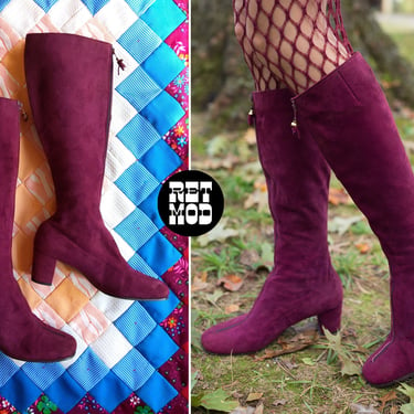 US 6.5/7 - Lovely Vintage 60s 70s Burgundy Suede GoGo Boots with Zip Front 