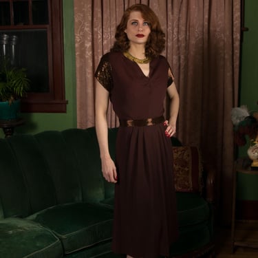 1940s Dress - Exquisite Vintage 40s Brown Rayon Evening Dress with Heavy Bronze Color Bugle Beads for a Taller Babe 