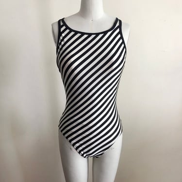 Ivory and Black Diagonal Striped Swimsuit - 1980s 