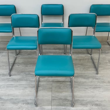 Lowenstein Dining Chair Chrome Frame With Teal Vinyl Seat & Back ~ Set of 6  (SHIPPING NOT FREE) 