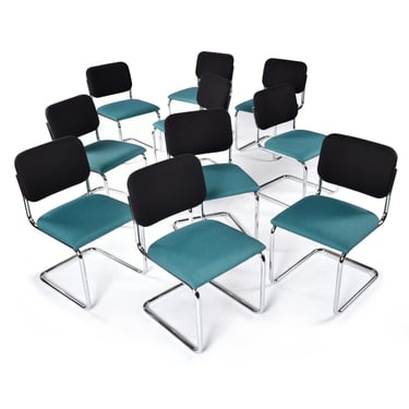 Set of 10 Marcel Breuer for Knoll Black and Teal Upholstered Chrome Cesca Chairs 
