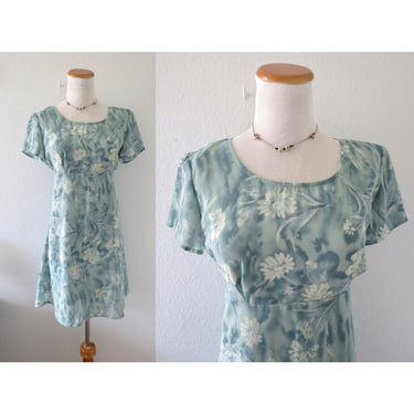 90s Babydoll Dress Floral Mini A-line Empire Waist Green Dress Size Medium 