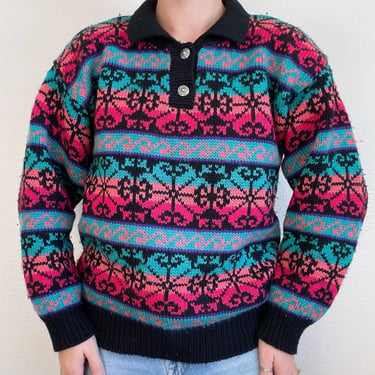 Vintage 90s Icelandic Design Rainbow Snowflake Chunky Knit Wool Ski Sweater Sz M 