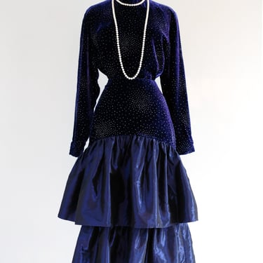 CELESTIAL 1980's Blue Velvet Party Dress Ensemble by Saks Fifth Ave. / S