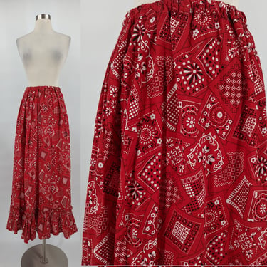 Vintage Seventies Handmade Red Bandana Print Elastic Waist Maxi Skirt with Ruffle - XS / S 