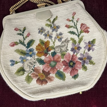 1950s needlepoint handbag cream floral tapestry purse 