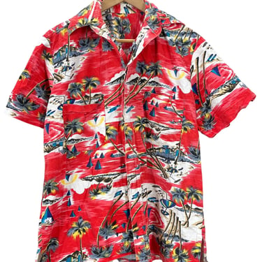 Vintage Hawaiian Island Print All Over Hawaiian Shirt Large