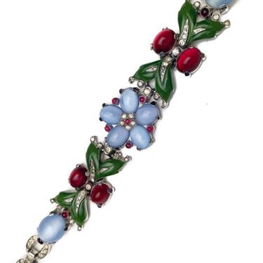 Trifari Alfred Philippe Blue Moonstone Cabochons Flower Bracelet 1930s 1940s 