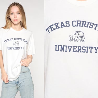 Texas Christian University Shirt 90s Tee Fort Worth Texas Shirt Vintage Tshirt Graphic College T Shirt White Medium Large 