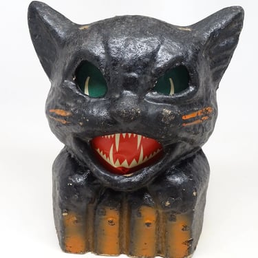 Antique 1940's Black Cat on Fence Halloween Lantern, Pulp Paper Mache, Vintage Retro Decor 