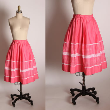 1970s Pink and White Lace Polka Dot Ruffle Trim Prairie Western Cottagecore Elastic Waist Skirt -2XL 