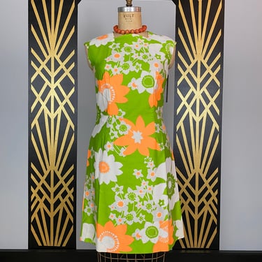 1960s sundress, vintage sheath, Hawaiian dress, mod, op art, lime green, Polynesian style, Alice Hawaii, size large, tiki style, summer, 38 