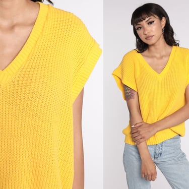 Yellow Knit Shirt Knit Top Cap Sleeve Sweater Top 80s Ribbed V Neck Shirt Boho Blouse 1980s Plain Retro Short Sleeve Large xl l 