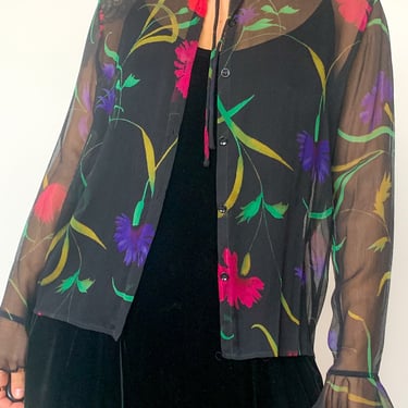 90s Sheer Floral Silk Top, sz. L/XL