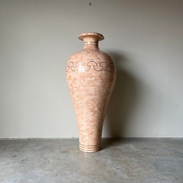 Overscale Maitland Smith - Style Tessellated Stone and Brass Inlaid Floor Vase 