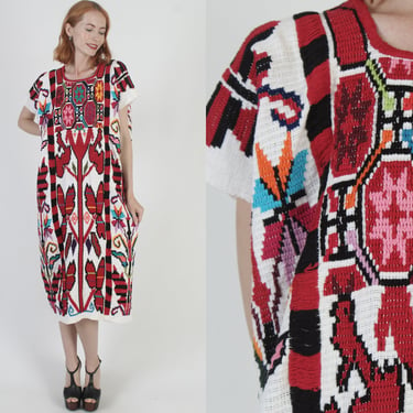Huipil Cotton Embroidered Caftan Vintage Heavyweight Hand Stitched Dress Rainbow Geometric Aztec Cover Up Kaftan 