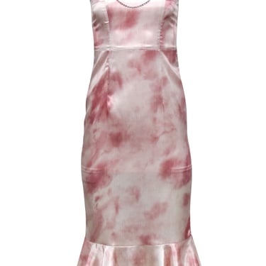 Guo Jingyi - Pink & White Print Satin Dress w/ Rhinestone Straps Sz S