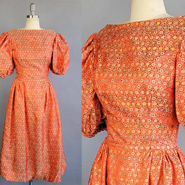 1960s Orange Jacquard Dress / Star Motif Gown with Bubble Skirt & Puff Sleeves / Star Print Dress / Orange Silk Party Dress / Size Small 