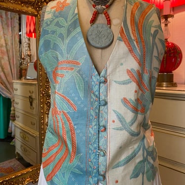 vintage 1980s silk bird print vest medium tropical aqua and orange novelty 