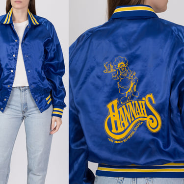 80s Hannah's Boise Idaho Satin Varsity Jacket - Men's Small, Women's | Vintage Blue Striped Snap Button Bomber Windbreaker 