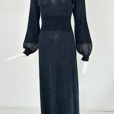 1970s Blue &amp; silver Metallic Knit Cage Sleeve V Bodice Maxi Dress Wenjilli 9/10