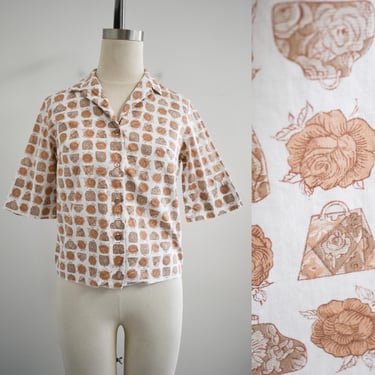 1950s/60s Tan Floral Novelty Print Cotton Blouse 