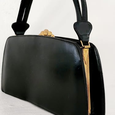 30s Black Leather Bag Gold Art Deco Clasp Evans 