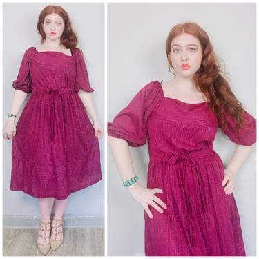 1970s Vintage Purple / Maroon Poly Knit Fit and Flare Dress / 70s Puffed Sleeve Belted Metallic Stripe Semi Sheer Dress / XL 