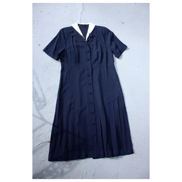 40s Navy Blue Sailor Rayon Shirt Dress with Pleated Skirt and Belt Size M 