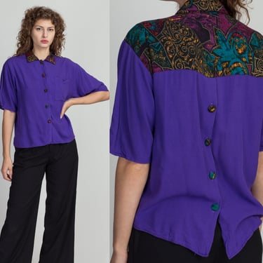 80s Boho Purple Rayon Blouse - Medium | Vintage Abstract Trim Button Up Short Sleeve Collared Top 
