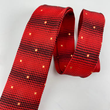 1960's Vivid Red & Black Tie - Narrow Mod Width - W/Metallic Gold Polka Dots  - Slim Profile 