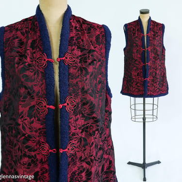 1960s Red Brocade Lined Vest | 60s Red & Black Brocade Vest | Navy Reversible Vest | Large 