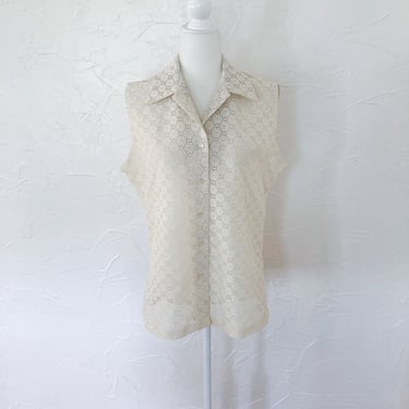 60s Cream Eyelet Floral Lace Sleeveless Button Up Blouse | Large/Extra Large 
