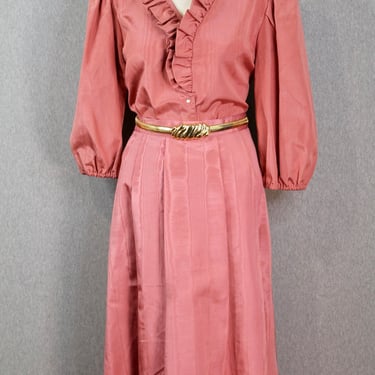 1980s Salmon Pink Taffeta Skirt Set - Cottage Core - 80s Two Piece Set - Ruffle Collar 