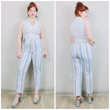 1990s Vintage White and Blue Striped Denim Pants / 90s / Nineties High Waisted Slim Cut Stripe Jeans / Size Large - XL 