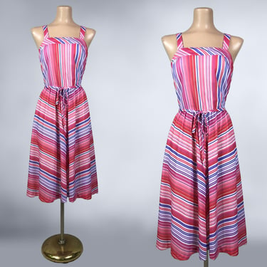 VINTAGE 70s 80s Pink Candy Stripe Disco Sun Dress by Walden Classics Sz 12 | 1970s 1980s Built in Bra Summer Dress | vfg 