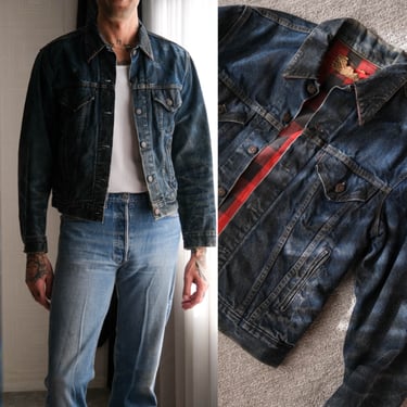 Vintage 80s LEVIS Deep Indigo Wax Washed Red Buffalo Plaid Lined Type 3 Denim Jacket | Made in USA | 1980s LEVIS Denim Grunge Denim Jacket 
