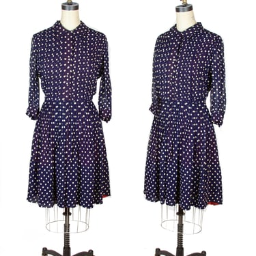 1950s Dress ~ Navy Blue White Polka Dot Pleated Shirtwaist Dress with Rhinestone Buttons 