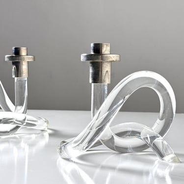 Pair of Vintage Sculptural Lucite Pretzel Candlestick Holders by Dorothy Thorpe 1970s 