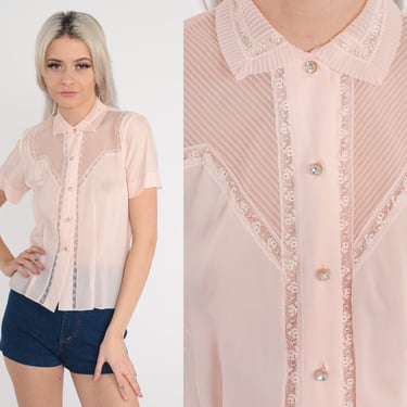 Sheer Pink Blouse 60s Top Floral Lace Trim Rhinestone Button Up Shirt Short Sleeve Romantic Sixties Pleated Yoke Nylon Vintage 1960s Medium 
