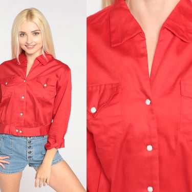 Western Crop Top 70s Red Blouse Blouse Pearl Snap Button Up Shirt Cowgirl Rodeo Collar Long Sleeve Vintage 1980s H Bar C Medium M 
