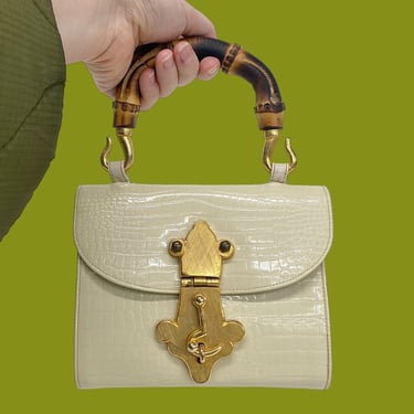 Vintage Susan Gail Top Handle Purse Retro 1950s Mid Century Modern + Cream Textured Patent Leather + Bamboo Handle + Gold Swing Lock Handbag 