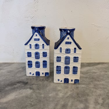 Set of 2 Blue and White Ceramic House Candle Holders 