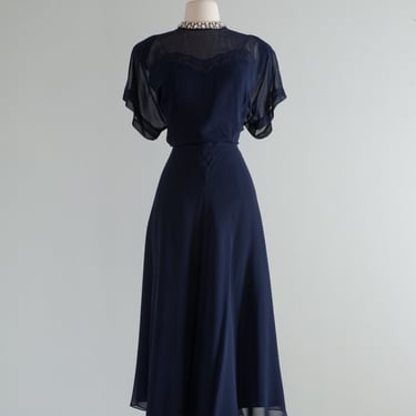 Elegant 1940's Navy Blue Chiffon Illusion Cocktail Dress / ML